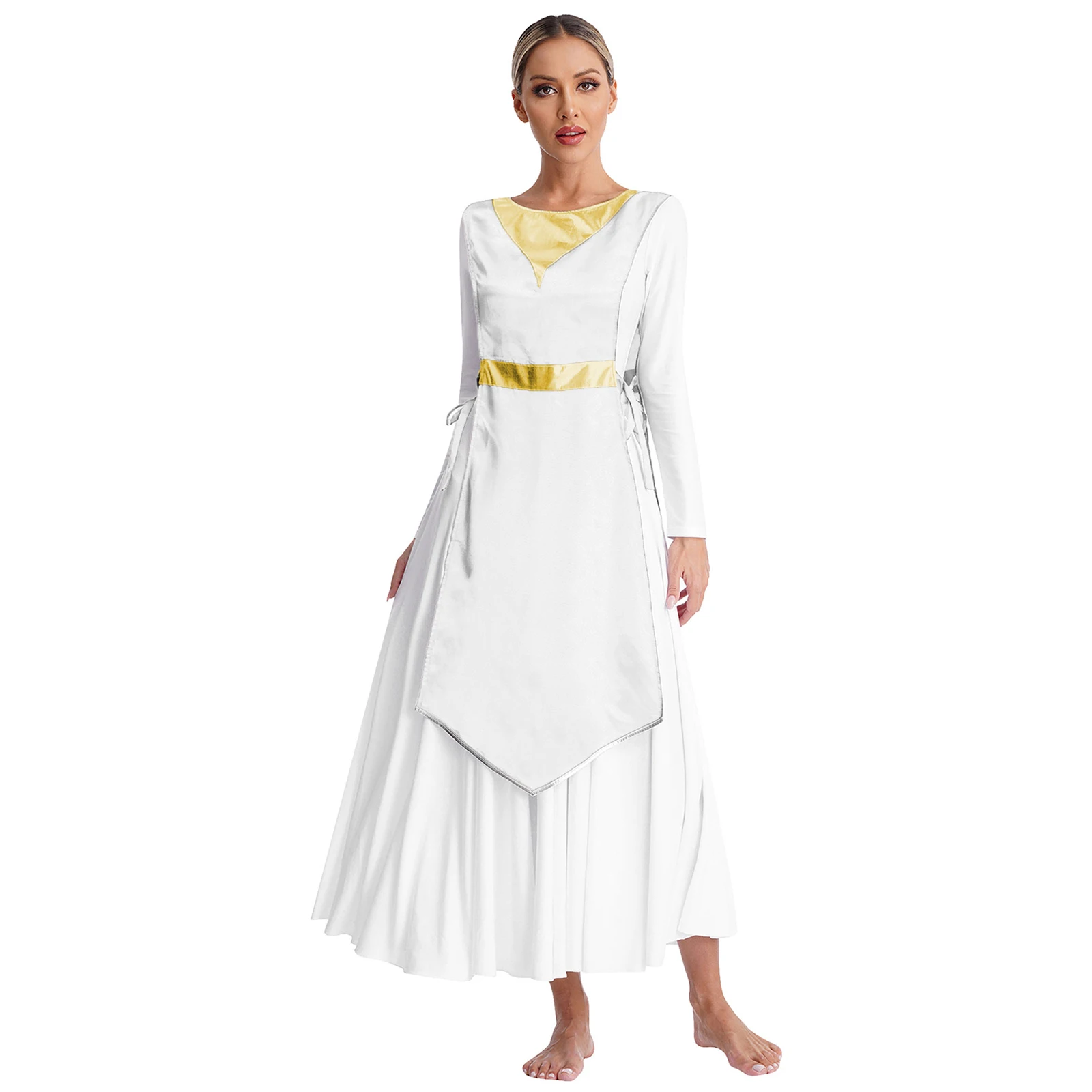 white praise dance dress Body Wrappers Lace Insert White/Turquoise / L-Adult The V shaped waist fits and flatters IBAKOM Liturgical Praise Dance Worship