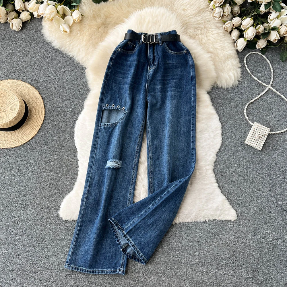 

Women's Autumn Vintage Loose Straight High street Thin Ripped Jeans
