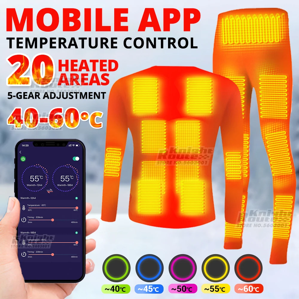 

20 Areas Winter Heated Thermal Underwear Set Women Heating Underwear Men's USB Smart Phone APP Control Bike Jacket Outdoor Warm