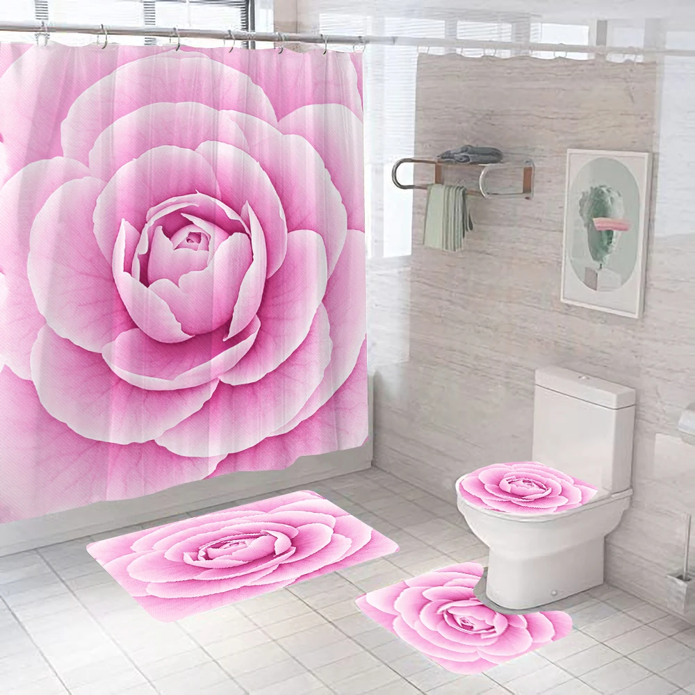 

Pink Rose Pattern Shower Curtains Beautiful Flowers Bathroom Curtain Bath Mat Set Non-Slip Pedestal Rug Toilet Lid Cover Mats