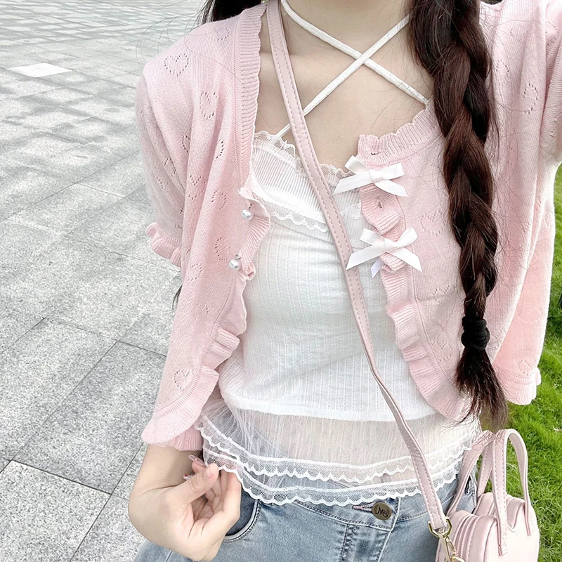 Cute Knitted Cardigan Women Pearl Button Bow Decoration Heart Hollow Out Short Sweater for Sweet Girl Kawaii Clothes