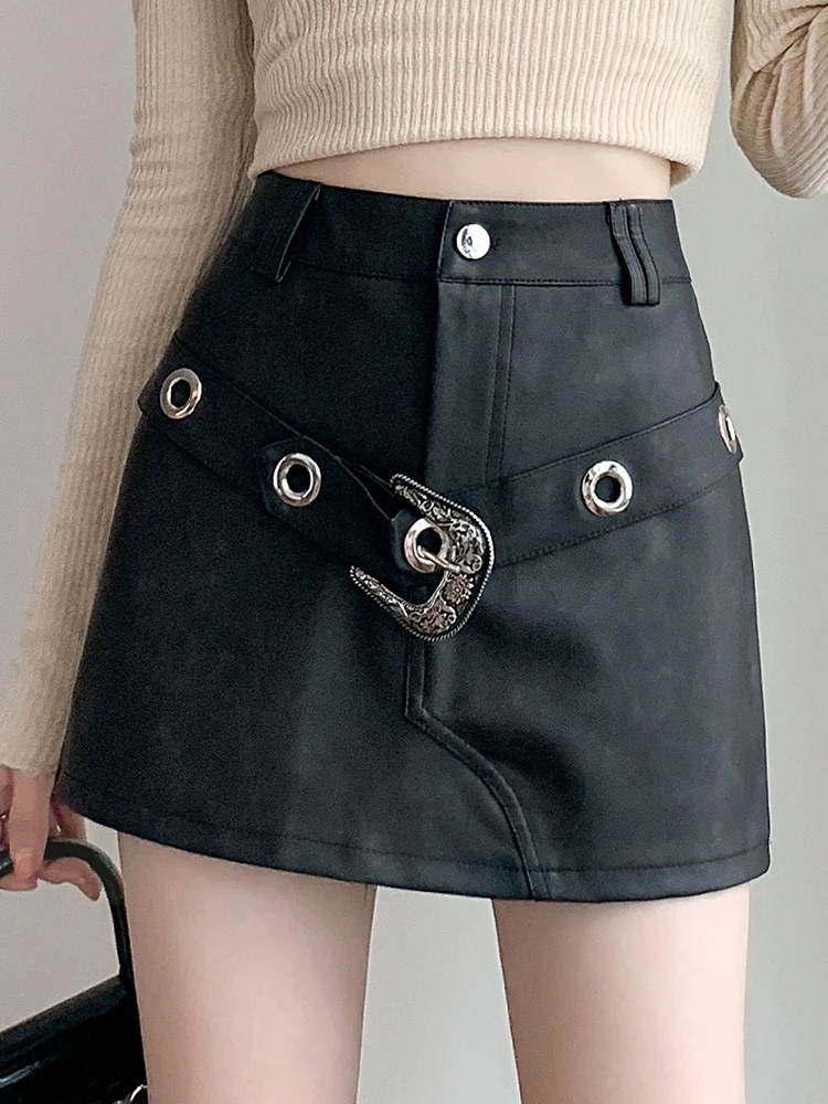 QOERLIN with Belt PU Leather Skirt Women Tie-Dye Sexy Short Skorts Autumn Winter 2023 New High Waist A-Line Slim Mini Skirt Lady belle poque women vintage jean skirt with belt elastic high waist a line midi skirt lady button embellished skirt with pocket