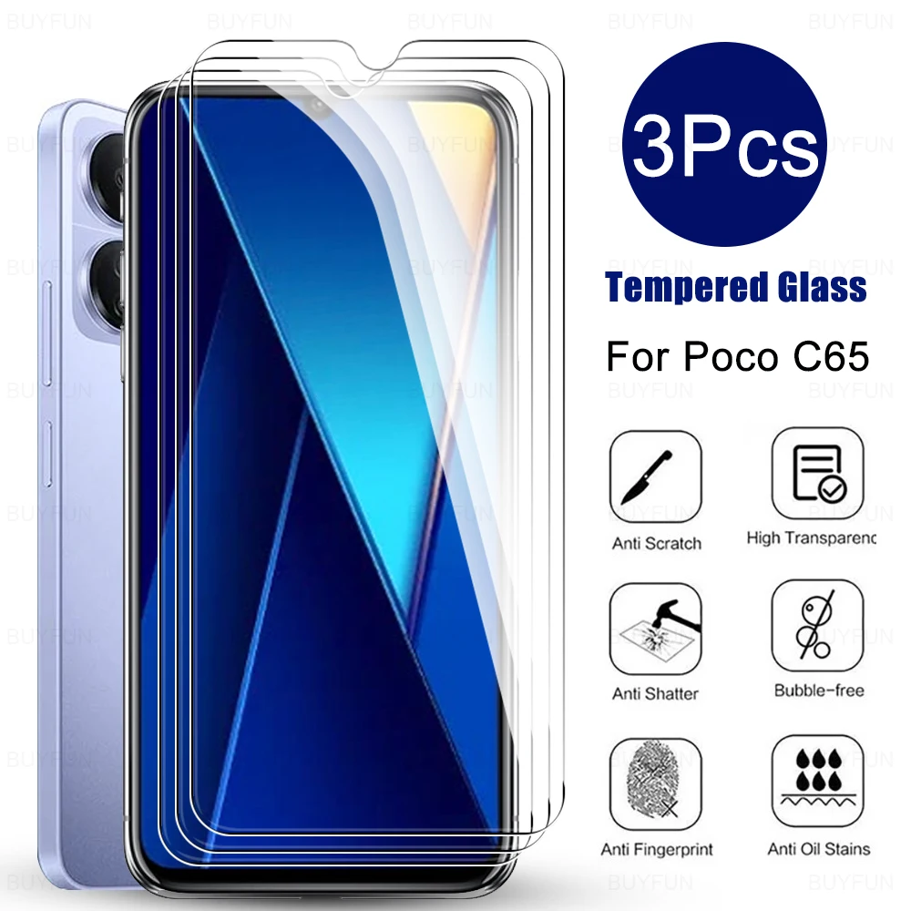 

Для Xiaomi Poco C65 3 шт. прозрачное закаленное стекло PocoC65 C 65 65C Передняя ультратонкая защита экрана HD прозрачная защитная пленка