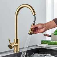 Quyanre Brushed Gold Kitchen Faucet Pull Out Kitchen Sink Water Tap Single Handle Mixer Tap 360 Rotation Kitchen Shower Faucet 5