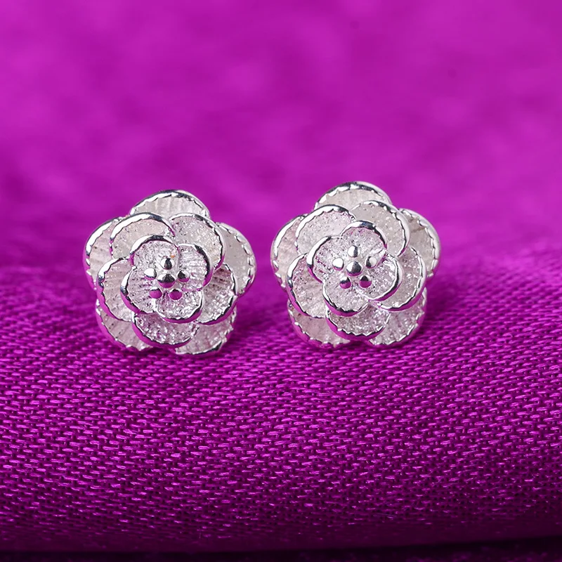 Hot 925 Sterling Silver Pretty rose Flower stud Earrings for Women Fashion classic party wedding Jewelry Holiday gifts