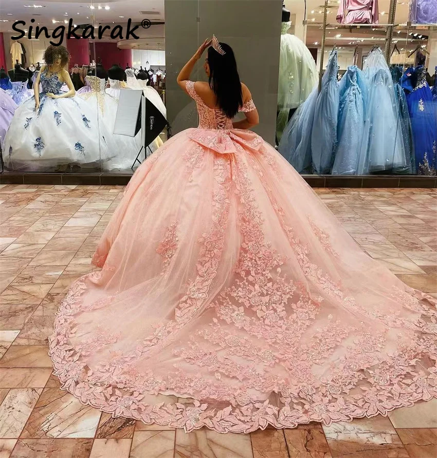 Glitter Pink Princess Quinceanera Dresses With Bow Beaded Appliques Sequins Sweet 16 Dress Vestidos De 15 a&ntilde;os Ball Gown