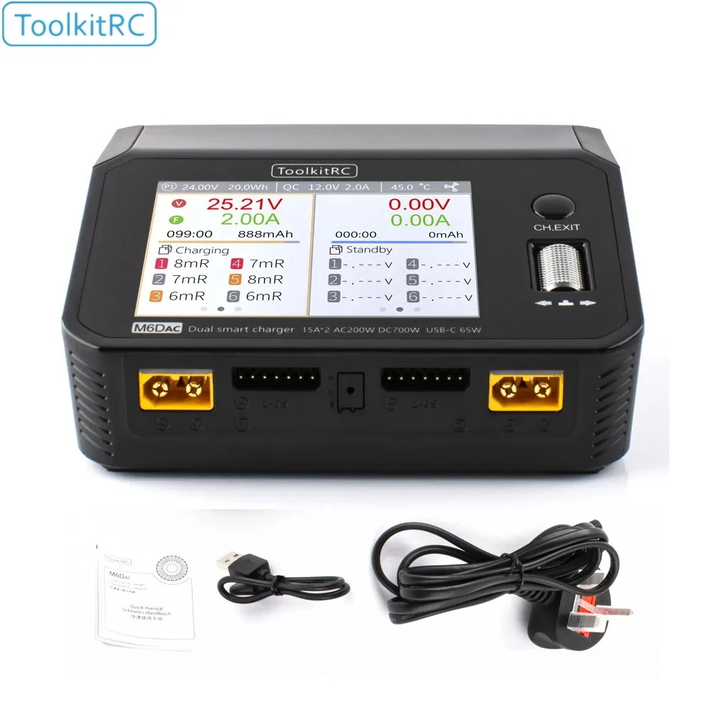 

NEW ToolkitRC M6DAC Dual Channel Smart Lipo Battery Charger Discharger AC 200W DC 350WX2 15A for 1-6S LiHV PD 65W