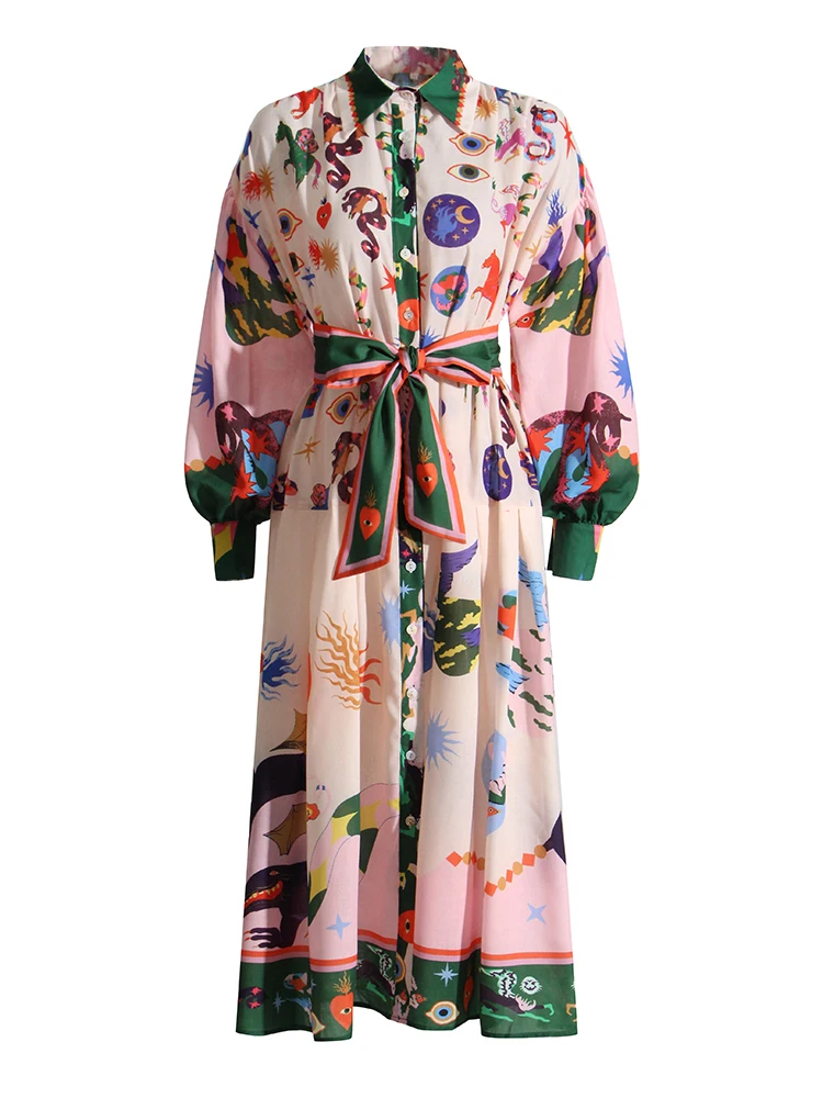 

New Hit Color Print Dress For Women Lapel Lantern Sleeve High Waist Patchwork Lace Up Dresses Female Vintage Spring New