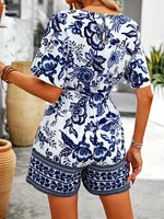 Women's V Neck Short Sleeve Jumpsuit Plant Print Summer Casual Comfortable Daily Wear for Picnic Parties Outings - Image 2