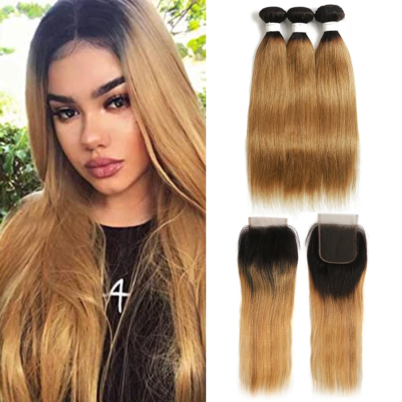 

T1B/27 Ombre Blonde Bundles With Closure 4x4 SOKU Brazilian Straight Hair Weave Bundles With Lace Closure Remy Human Hair Weave