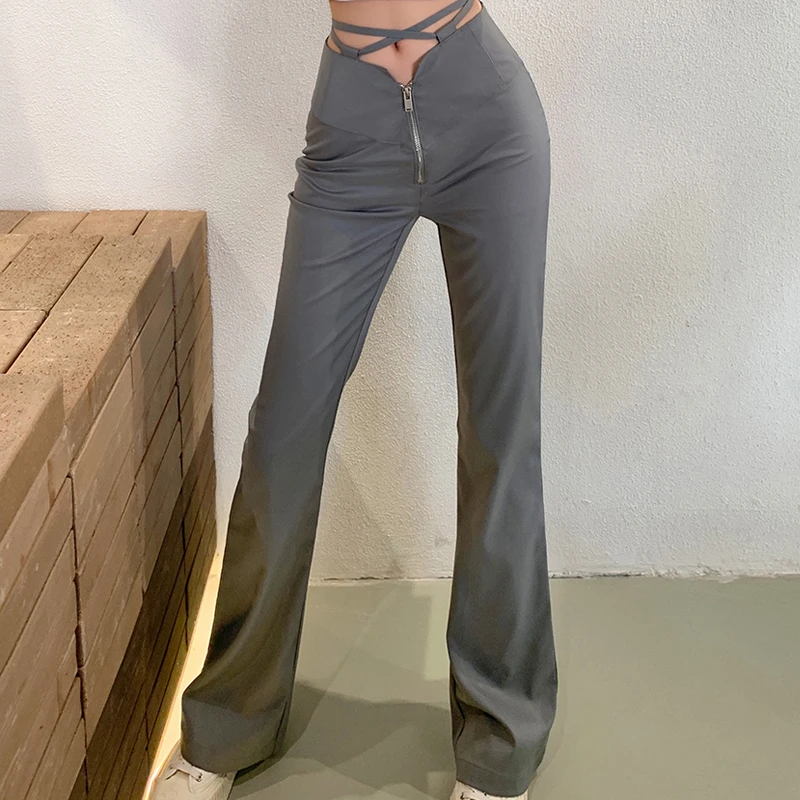 Y2k Boot Cut Women Fashion Slim Full Length Korean Lace-up Zipper Casual High Waist Solid New High Street Pants