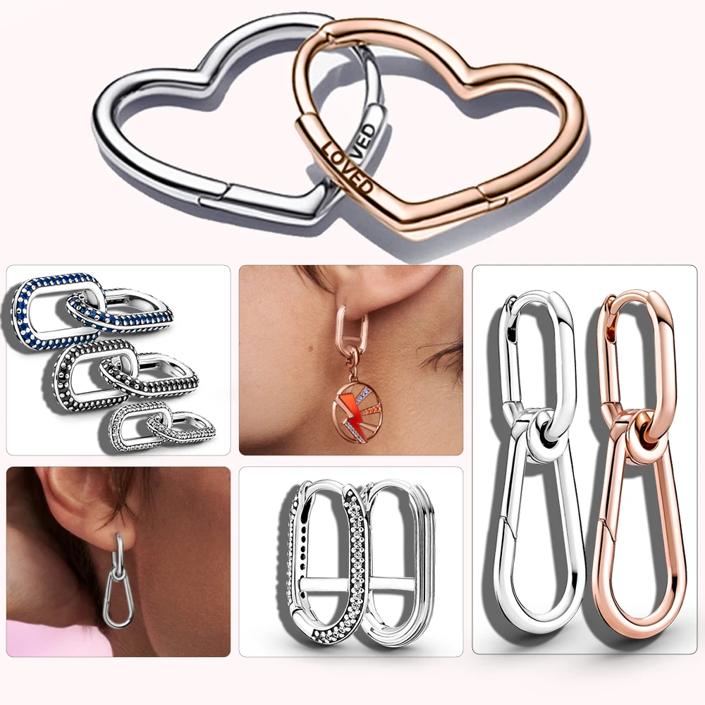 S925 Silver Earring with Charms Love double heart earrings Ear Hoops Earrings for Women  for Original ME Bracelet Charm