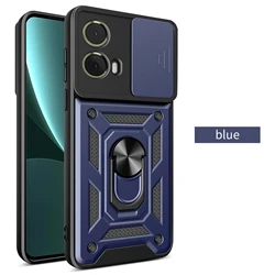 Durable Armor Case with Magnetic Stand Holder and Ring for Moto E15 (Blue)
