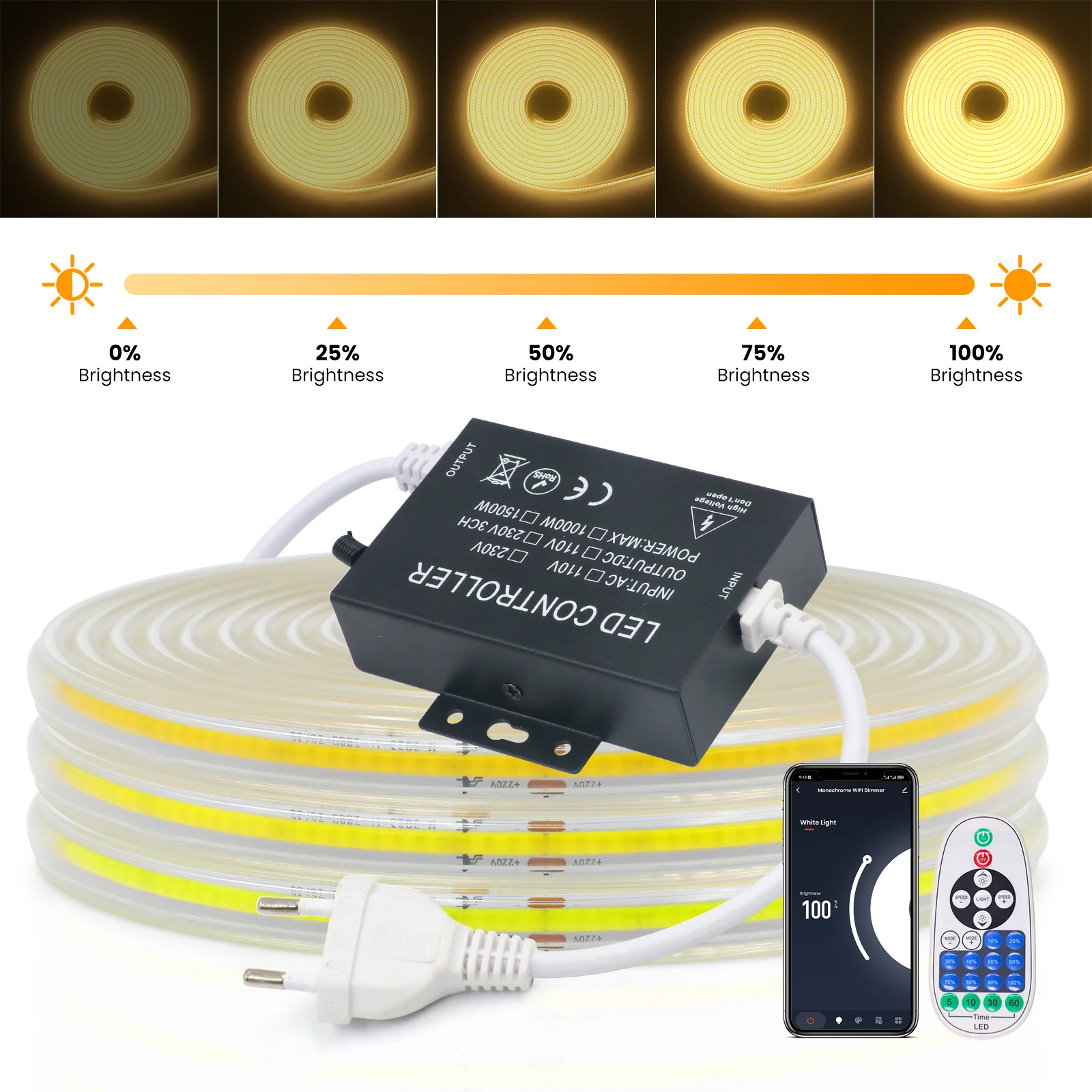 조도 조절식 COB LED 스트립 라이트, 투야 와이파이 블루투스 IR 플렉시블 테이프, 방수 COB 선형 라이트 바, EU 288LEDs/m, 220V, 3000K, 6000K