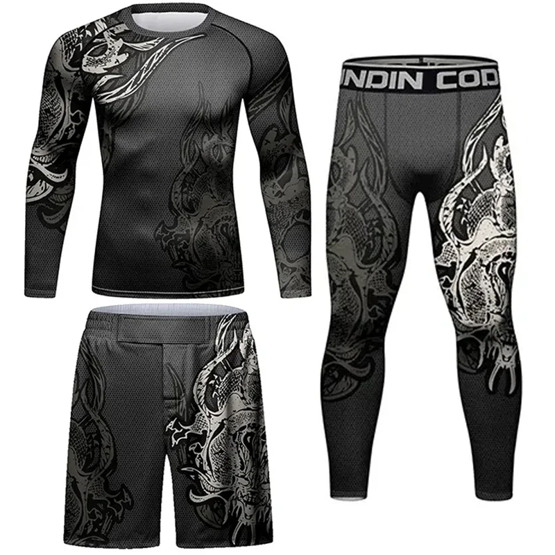 Men Fitness MMA Compression Fight Training T-shirt + Pants Set Sports Boxing Wrestling Jiu Jitsu Rashguard Tight Shorts,Sports Apparel,Mens T Shirt