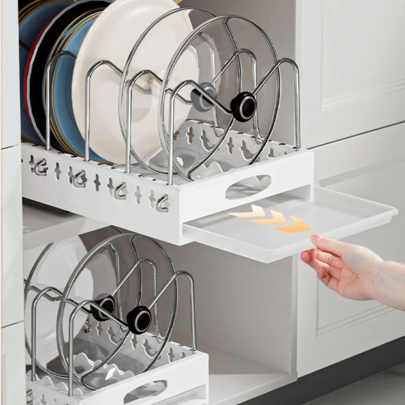Pull Out Pot Lid Holder Kitchen Pots and Pans Organizer Under Cabinet Slide Out Pot Pan Organizer Rack Sliding Dish Drying Shelf 5