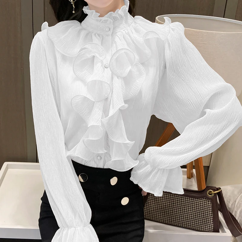 New Elegant Autumn Women's Solid Color Long Sleeve Shirt Lace Office Casual Flared Sleeve Half Turtleneck Top 12946