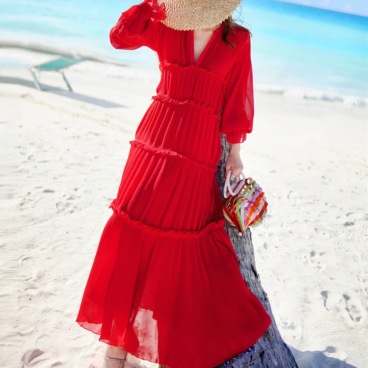 

2023 Spring New V-neck Lantern Sleeve Large Lap Red Dress Pleated Long Dresses for Women Vestidos De Verano Mujer 2023