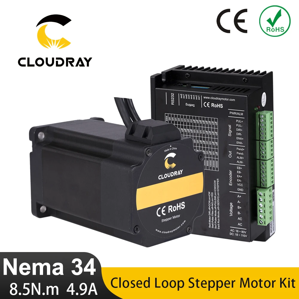 Cloudray Nema 34 인코더가있는 폐쇄 형 스테퍼 모터 키트 8.5N.m 4.9A 및 20-80VAC/24-100 VDC 드라이버 (1.5M 프리 케이블 포함)