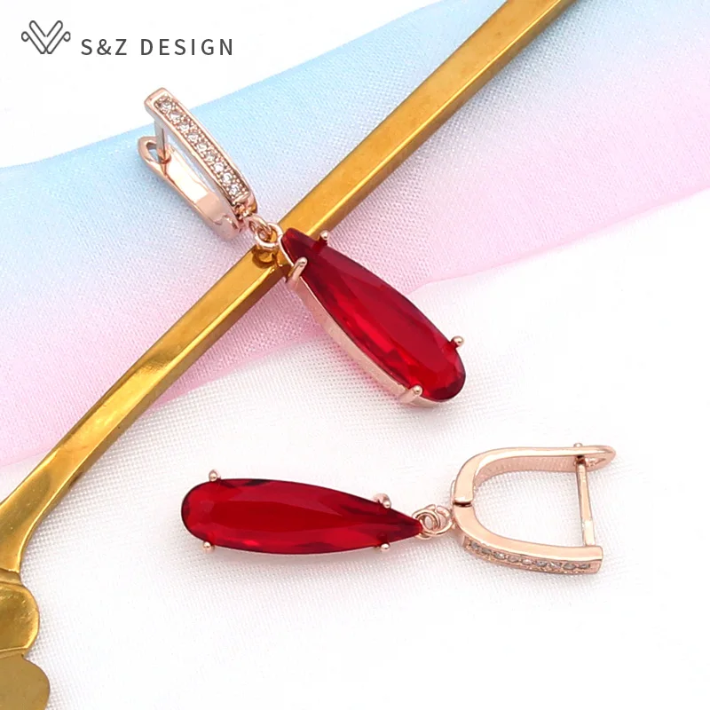 S&Z DESIGN New Fashion Elegant Water Drop Crystal Dangle Earrings For Women Wedding 585 Rose Gold Color Cubic Zirconia Jewelry
