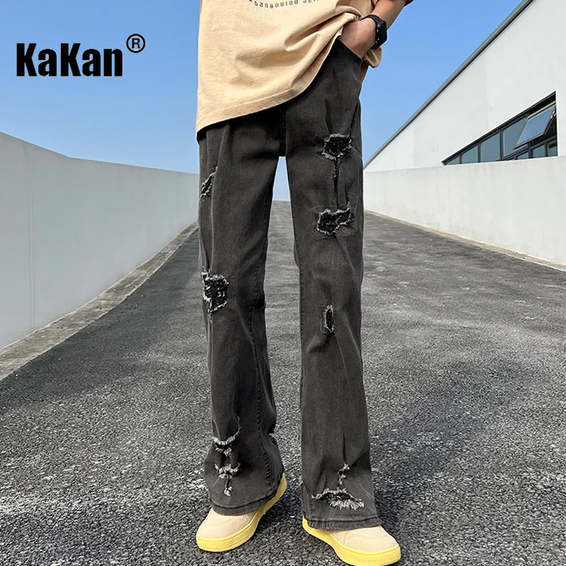 Kakan - New Men's Stretch Perforated Jeans, European and American Loose Straight Length Black Jeans K24-ASN715
