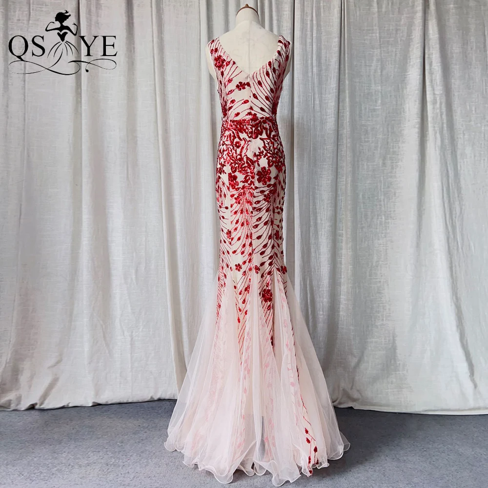 Double-V Red Mermaid Evening Dresses Floral Sequin Lace Tulle Prom  Appliques Red Formal Dress Party Sleeveless Vestido de festa - AliExpress  320