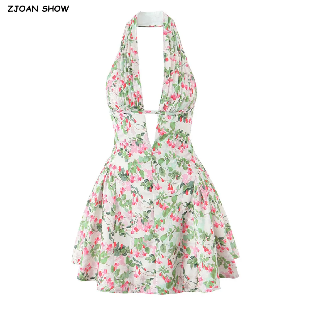2025 Sexy Floral Leaves Print Pleated Ruched Halter Dress Women Deep V ...