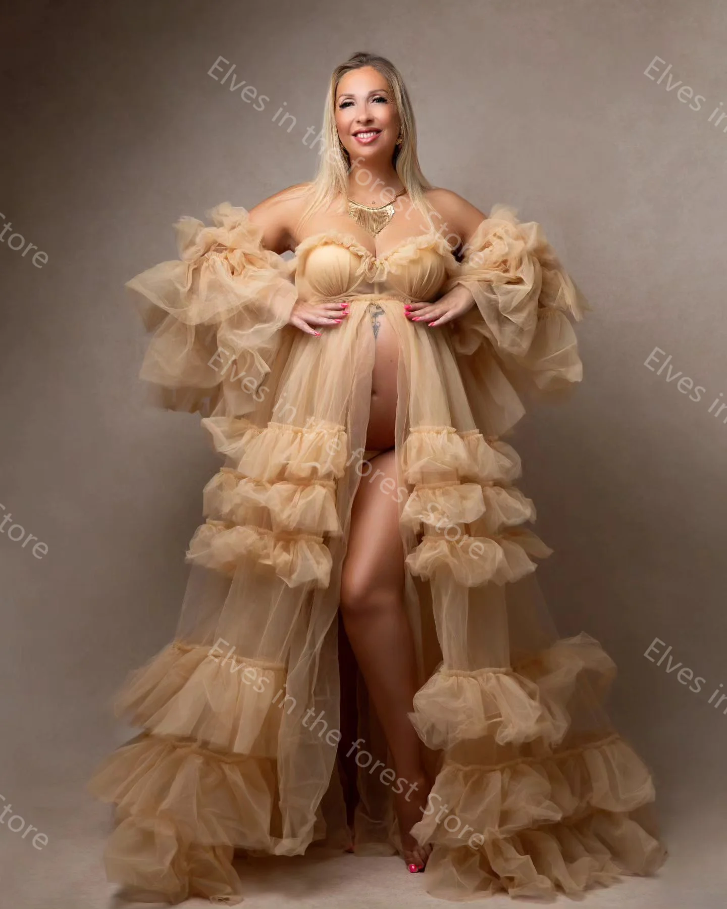 Robe de Soirée Bouffante en Tulle pour Femme, Tenue de Nuit Sexy à Plusieurs Niveaux, avec Traîne de Balayage, pour Grossesse