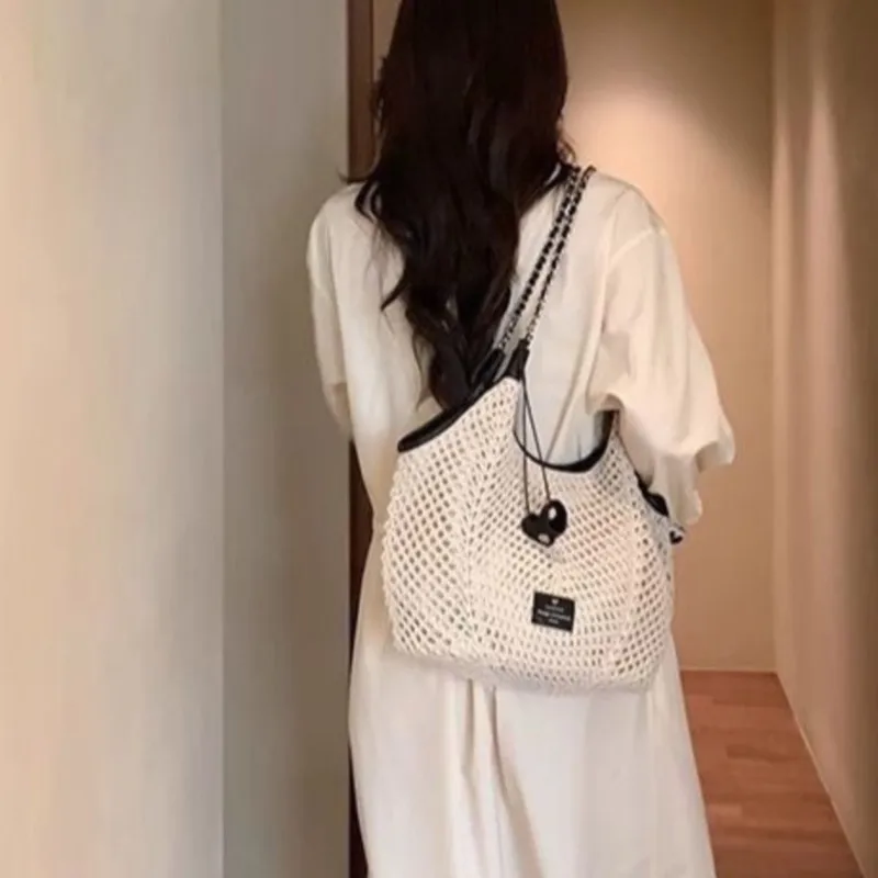 Beige Woven Grid Hollow Out Tote Bag Women Handmade Large Capacity Shoulder Bag Ladies Casual Seaside Vacation Beach Handbag New