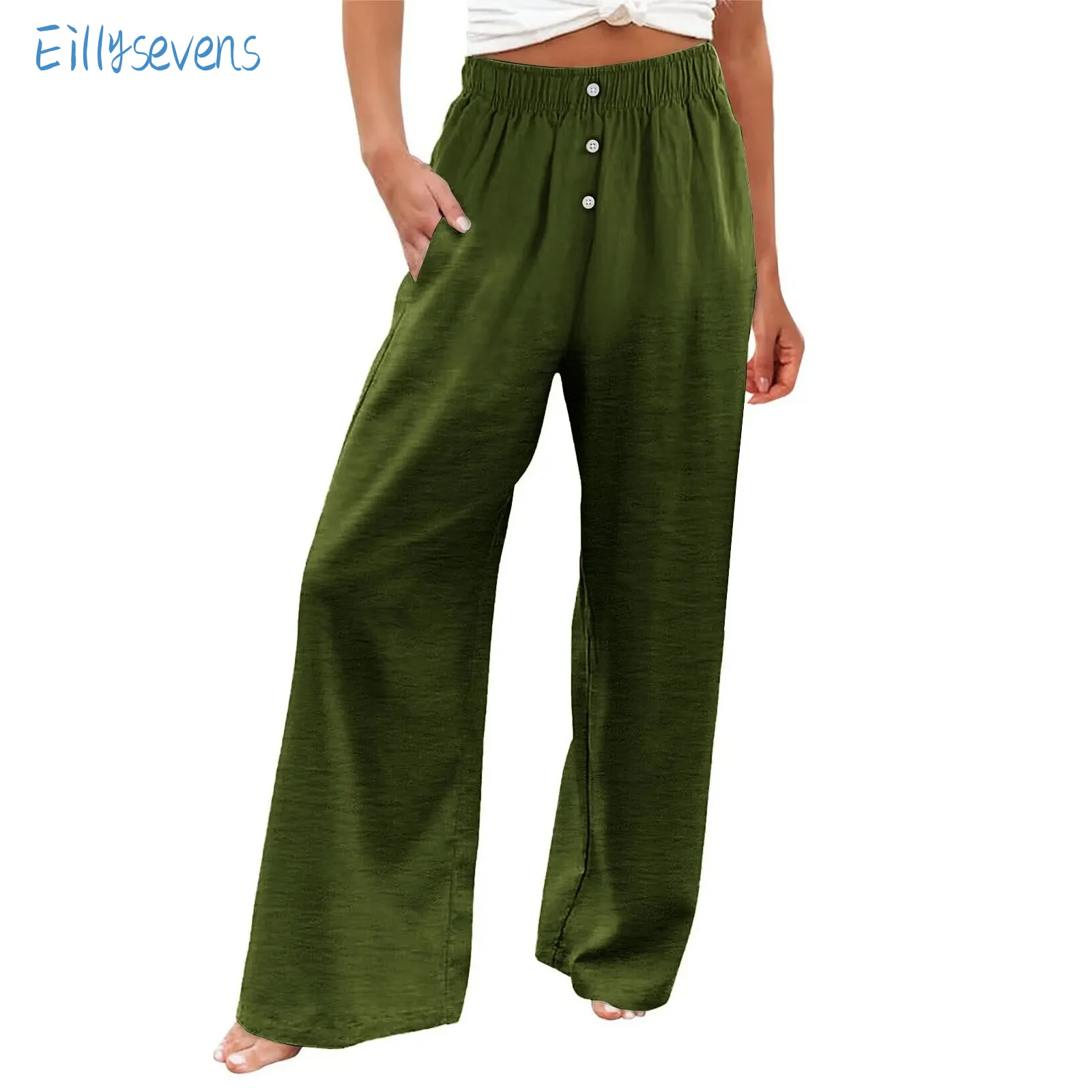 

Women Fashion Loose Trousers Casual Button Decor Elastic High Waist Wide Leg Mopping Pants Daily Comfy Solid Color Drape Pants
