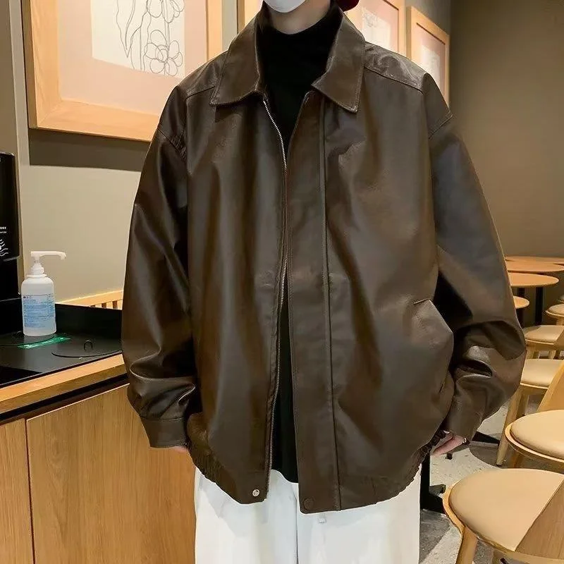 

BSDFFO Locomotive Leather Jacket Men's High Street American Retro Trendy Brand Ruffian Handsome Versatile Men's Lapel Jacket Top
