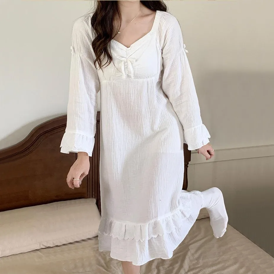 

Lady Nightdress Cotton Sleepwear Homewear Long Sleeve Dressing Gown Nightgown Women Print Home Dress Nightwear Loungewear