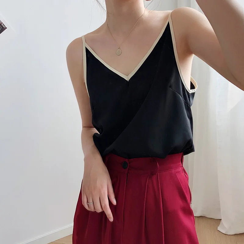 corset t shirt Sexy Spaghetti Strap Top Women 2021 Summer V-Neck Satin Silk Tank Tops Female Solid Sleeveless Camisole Camis Vest Black Beige cotton camisole