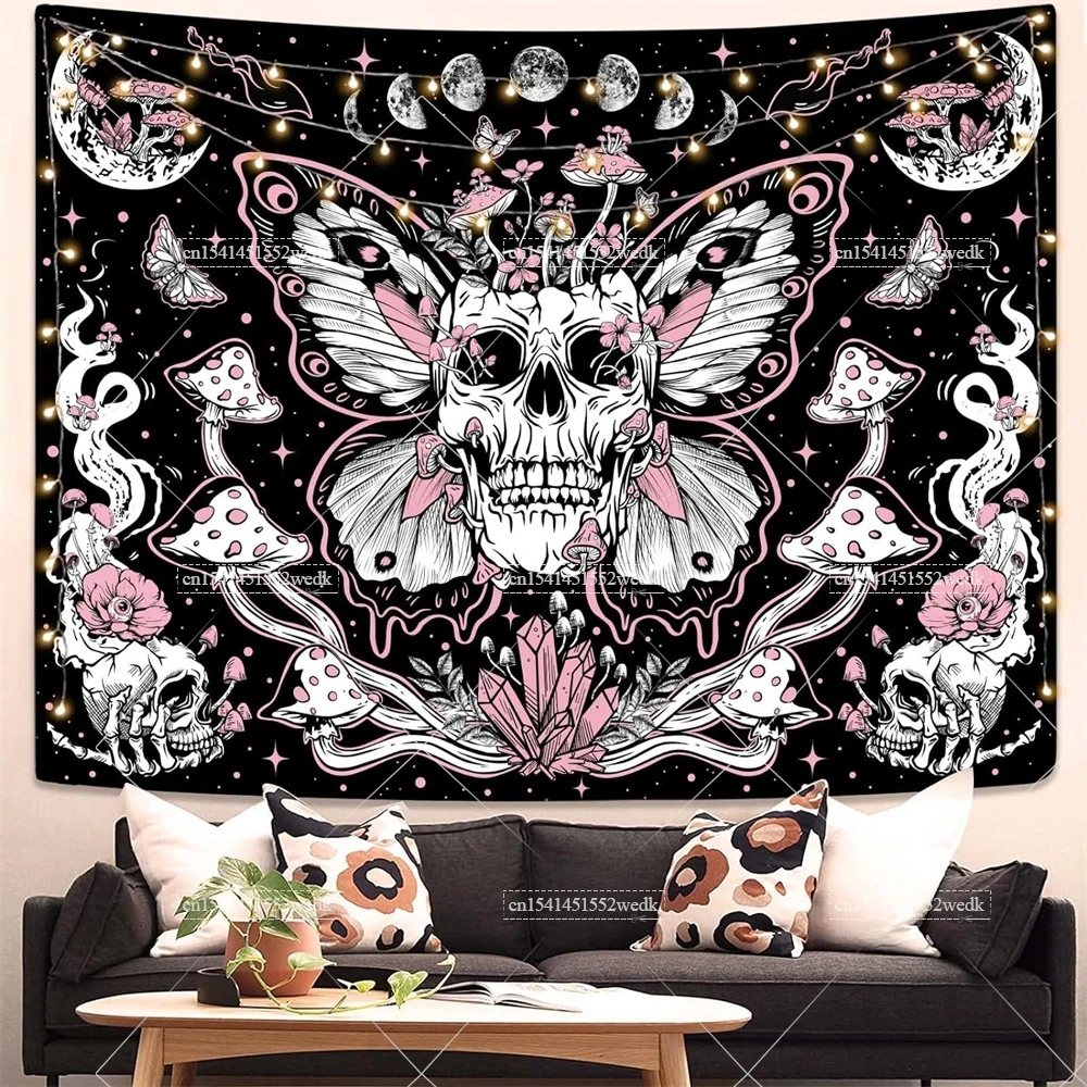Tapisserie murale esthétique avec lune et étoiles, décoration de la maison, modules de chambre plus lents, crâne floral, leton, gothique, papillon de nuit 3
