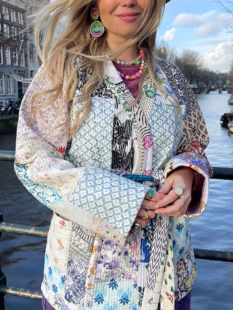 

Женская винтажная куртка с V-образным вырезом, разноцветным принтом и поясом