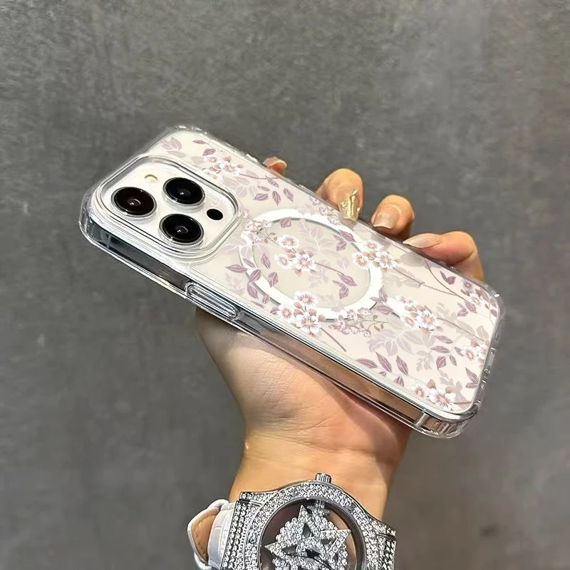 Elegant Purple White Floral Magnetic Clear Phone Case - Shockproof Hard Cover