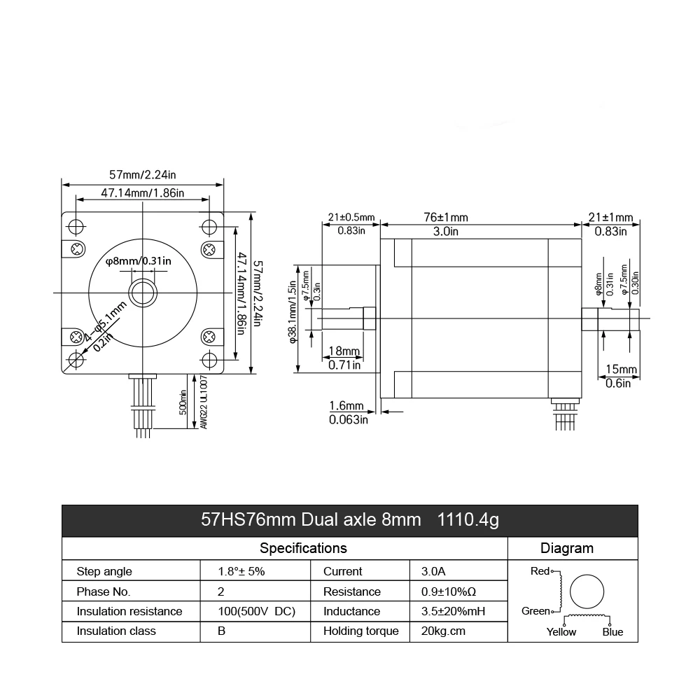 MHCN 2 Phase NEMA23 57 Stepper Motor 2N.m 270 ozin 3A 76mm