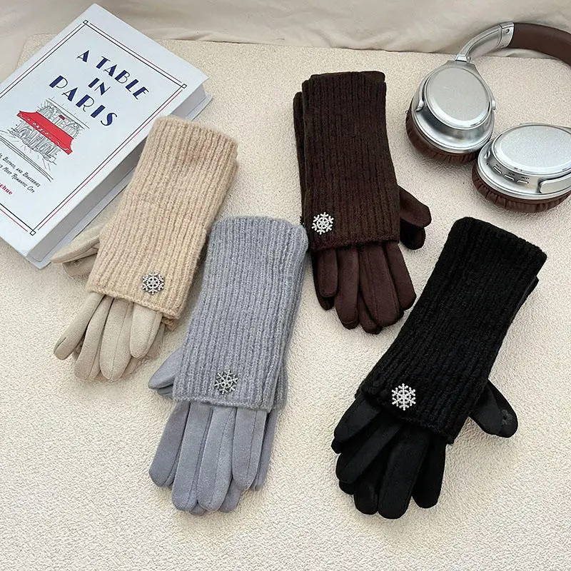 Women's Snowflake Knit Warm Gloves Stylish Thickened Wool Student Cycling Touchscreen Split-Finger Thermal Gloves