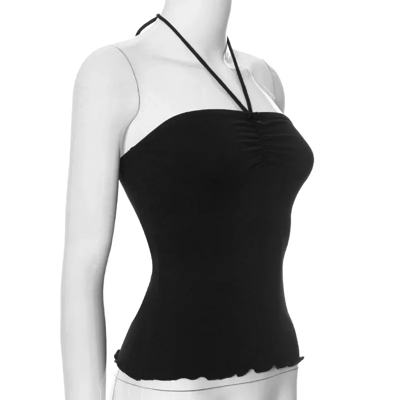 Top de una pieza informal corto con dobladillo enrollado para mujer, moda de verano, top bandeau de color liso, top sexy con cuello de encaje y sin mangas.