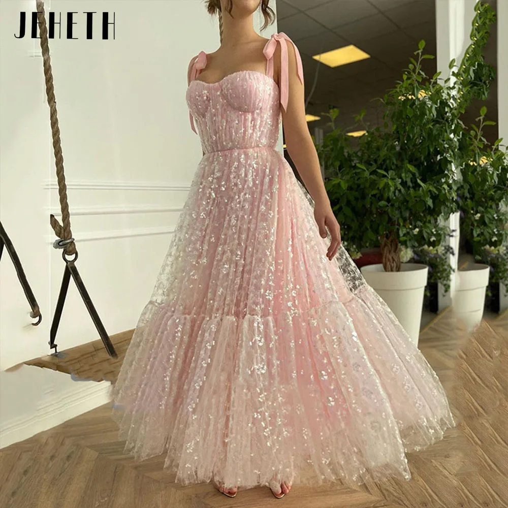 

JEHETH Pink Sequined Lace Pastoral Prom Dress Spaghetti Straps Sweetheart Pleated A-Line Evening Gown with Pockets Ankle Length