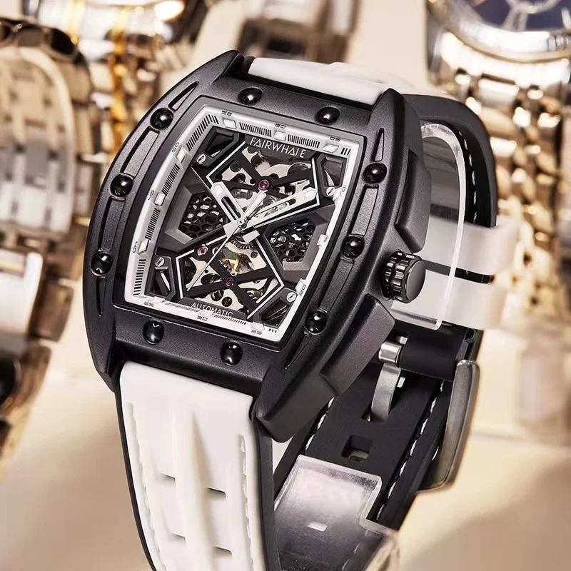 Luxury Automatic Watches Mens Brand Mark Fairwhale Fashion Tonneau Clocks Sport Silicone Strap Waterproof Mechanical Wristwatch