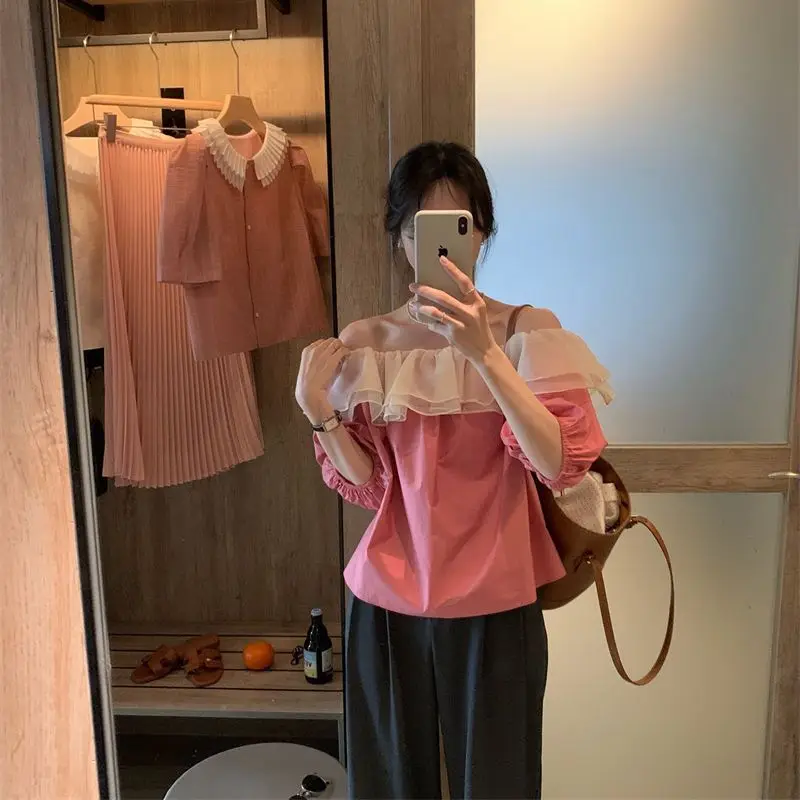 

Blouse Women 2023 New Fashion French Ruffle Versatile Women Tops Korean Solid Puff Sleeve Casual Chic Tops All-Match Shirt