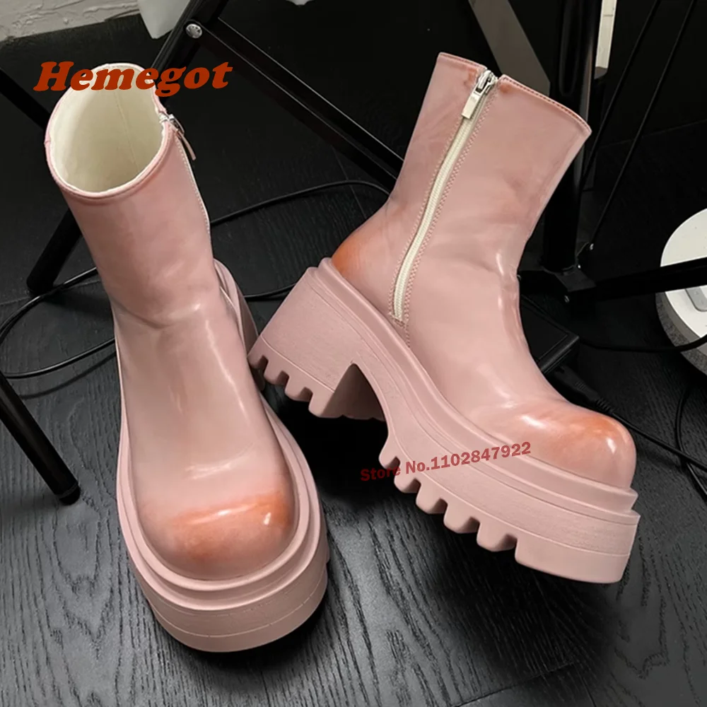 

Pink Punk Thick Soled Ankle Boots Round Toe Block Heels Side Zipper Women's Boots Gradient Retro Gear Motorcycle Booties Casual