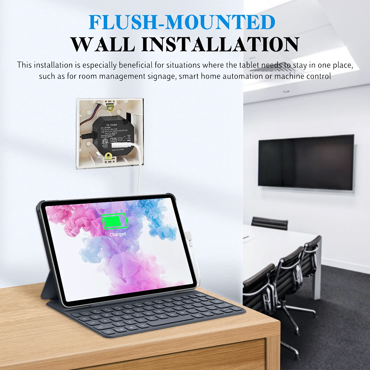 AC to USB-C Charger for Flush Wall-mounted Tablets 240V AC Convert to 5V/9V/12V/15V/20V with 30W Output for iPad Samsung Tab