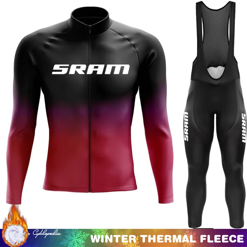 SRAM Cycling Jersey Men Winter Thermal Fleece Clothing Man Set Long Sleeve Outfit Sportswear Triathlon Bib Retro Jumper Mtb