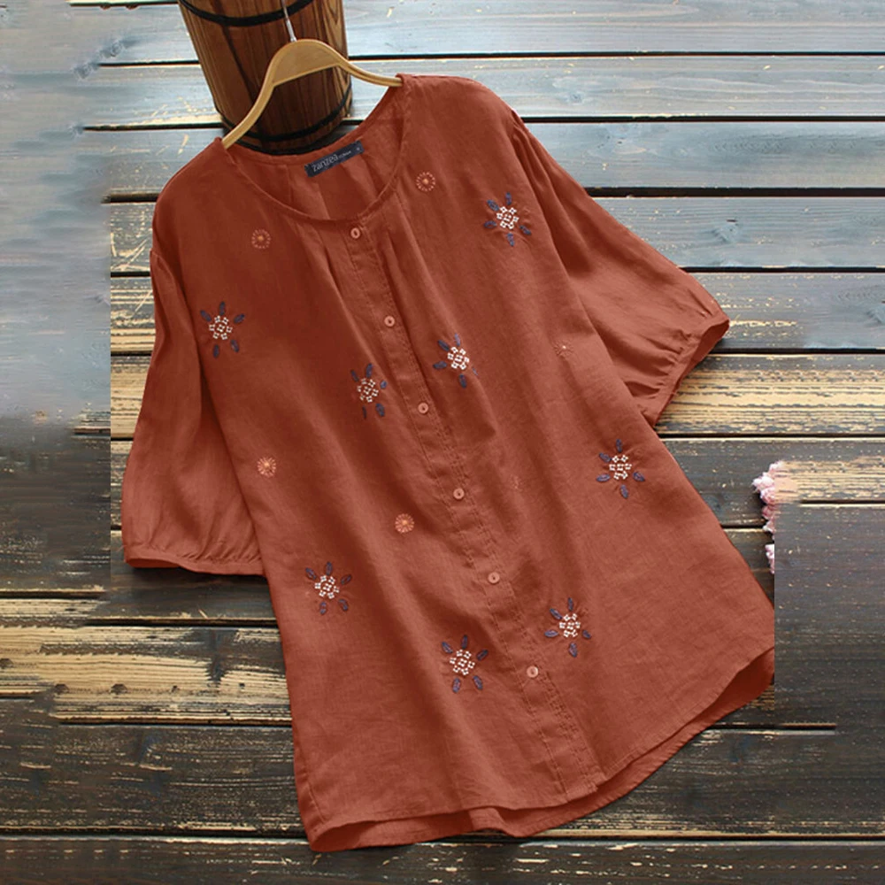 بلوزة نسائية كاجوال من الكتان القطني ، توبات مزين...
