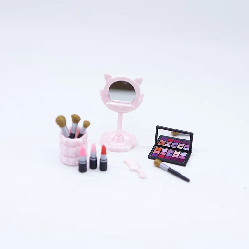 1set Mini Makeup Set Cosmetic Mirror Lipstick Eyeshadow Brush Comb Model Miniature Accessories Desktop Decoration Ornament