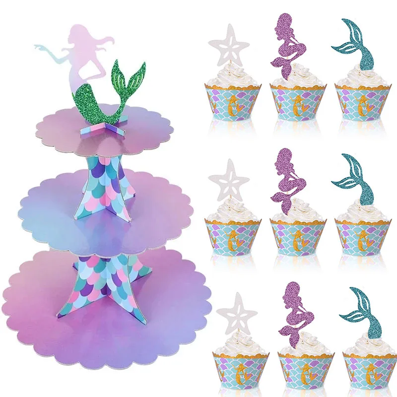 1SetMermaidCakeStandCupcakeHoldersKidsMermaidBirthday