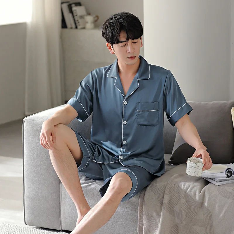 

Pajamas Top And Shorts Set 2PCS Lounge Sleepwear Men Satin Pijama Home Clothes Pyjamas Set