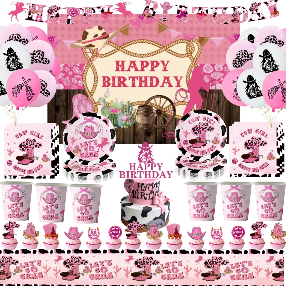 

Western Cowboy Birthday Party Decor Disposable Tableware Cup Plate Tablecloth Balloon Dackdrop Pink Cowgirl Them Party Supplies